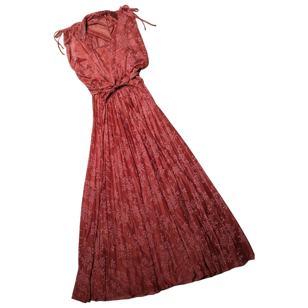 2pc/Vtg 1970s Rust Orange Floral Pleated Skirt Polyester Maxi Dress & Bolero S 6